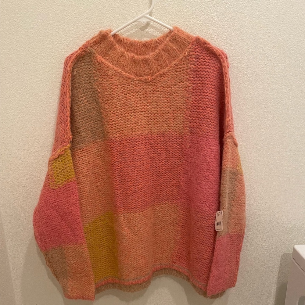 NWT FREE PEOPLE DOMINO OVERSIZED KnitSWEATER Pink Sunset alpaca wool blend small - Picture 3 of 13